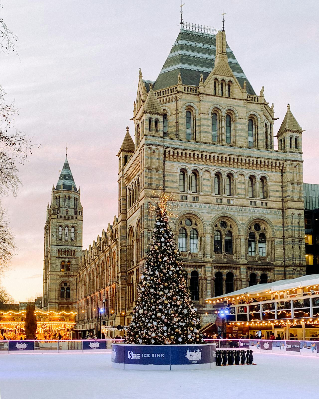 Γιορτινή ατμόσφαιρα μπροστά από το Natural History Museum στο Λονδίνο, με στολισμένο χριστουγεννιάτικο δέντρο και παγοδρόμιο γεμάτο φώτα και μαγεία.